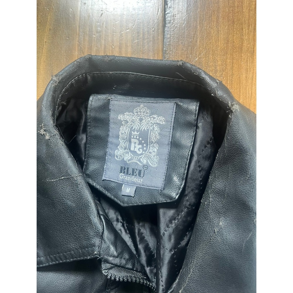 Bleu Grandeur Mens Faux Leather Moto Jacket Black Full Zip Quilted Lining Size M - Picture 7 of 7